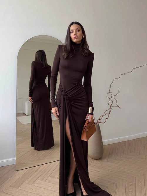 Women Solid Color Tie Waist Long Sleeve Dress