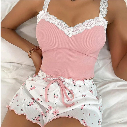 Women's Two-Piece Summer Ribbed Knitted Flower Print Lace Trimmed
