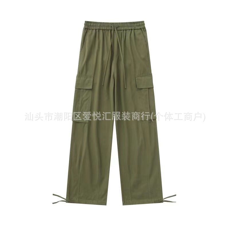 Loose Fitting Casual Straight Leg Cargo Pants With Multiple Pockets And A Drawstring Waist